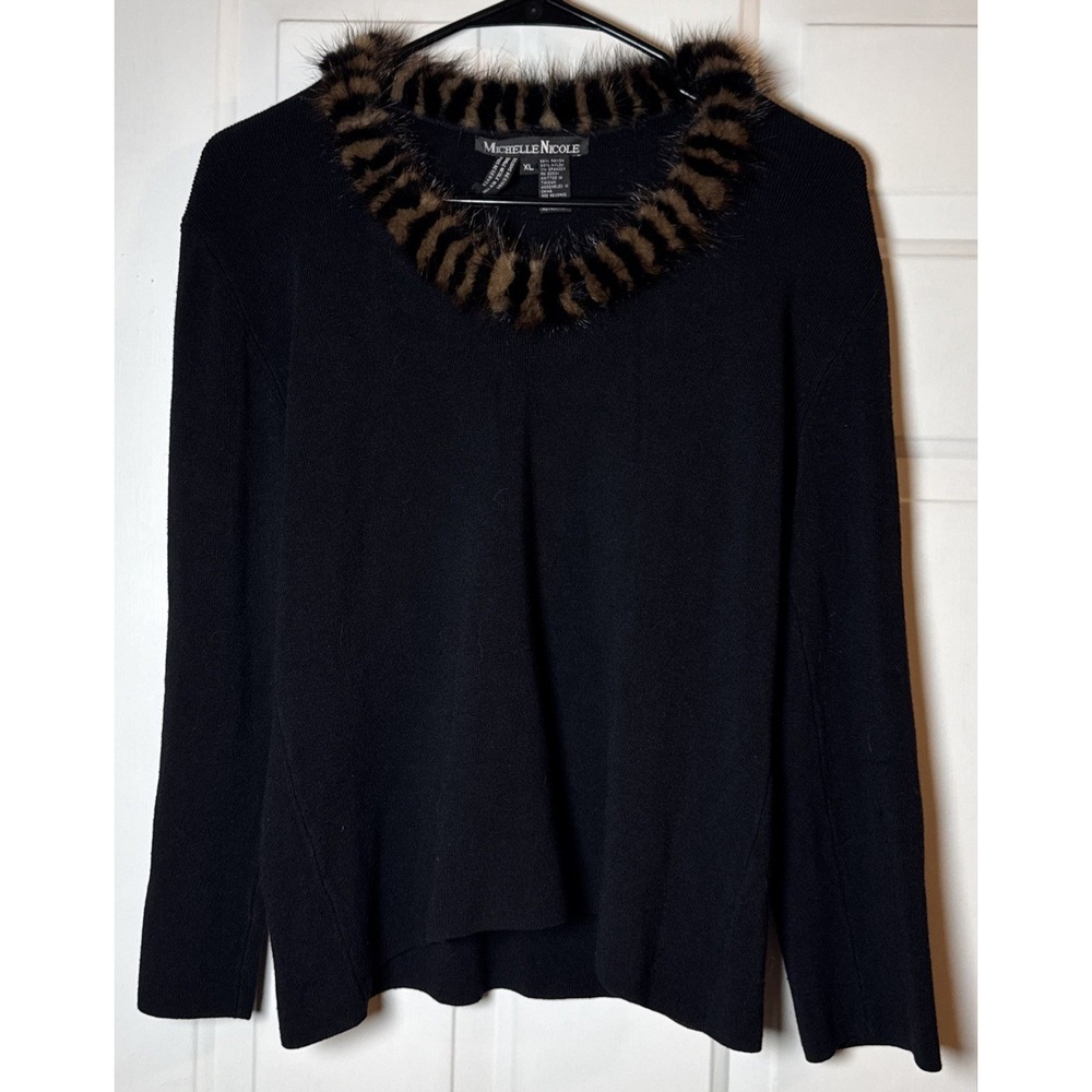 VTG Michelle Nicole Womens XL Black Knit Pullover Sweater Fur Trim Collar Taiwan